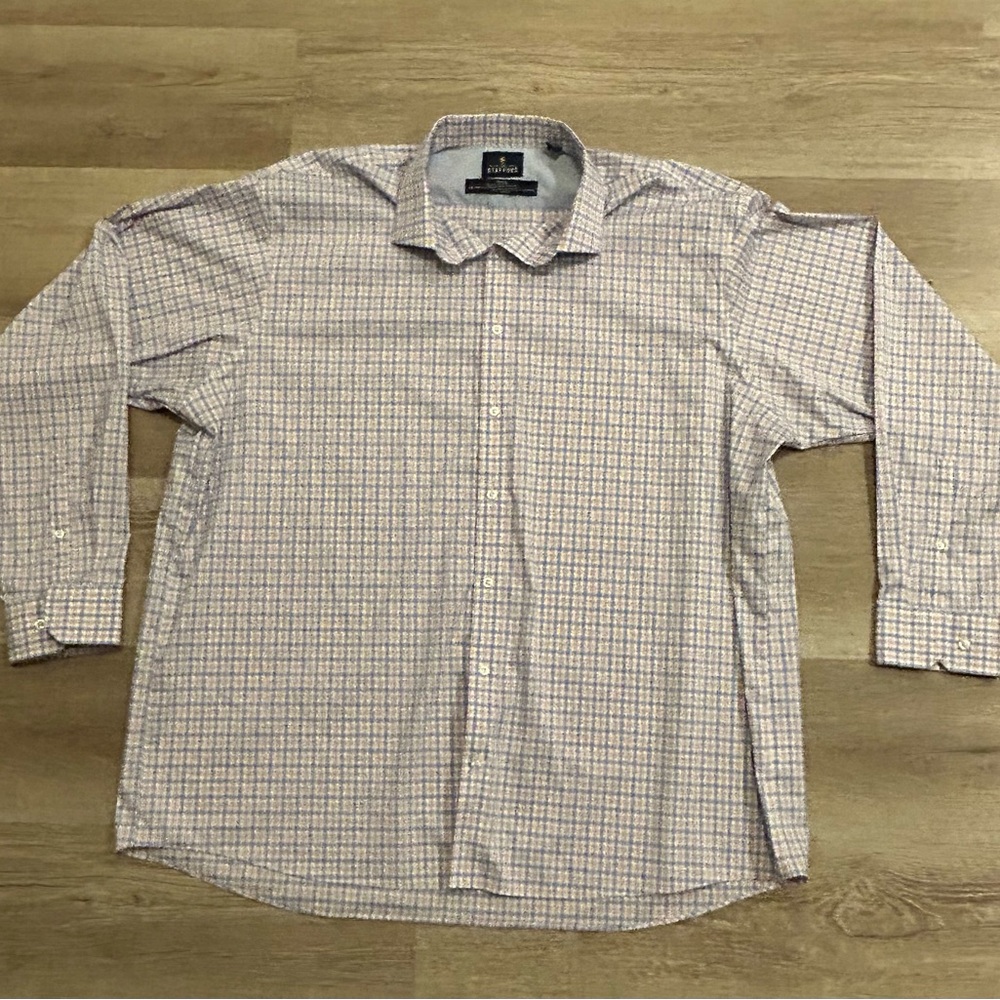 Stafford Travel Shirt Mens Big 18 1/2- 36/37  Blue Orange Oxford Cotton Blend